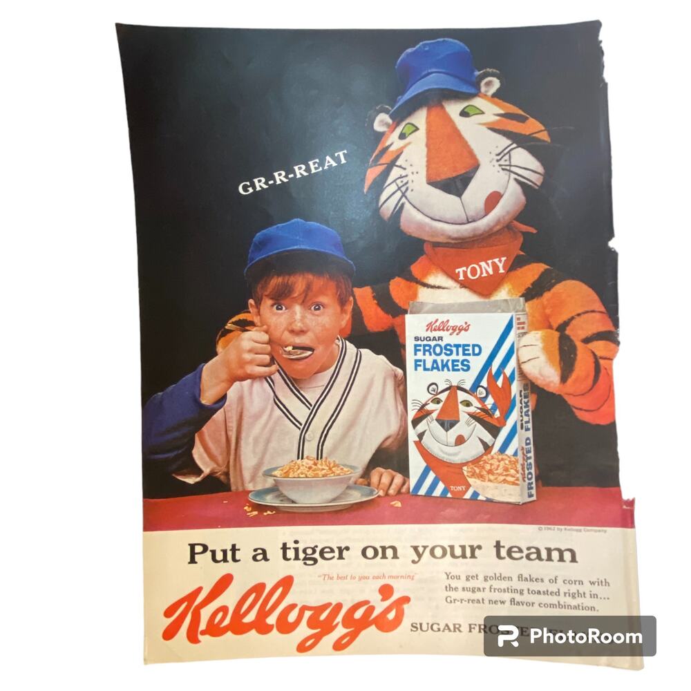 Vtg Color Kelloggs Frosted Flakes Print Ad 14x10.5 Lawn Boy May 1962 Frame Ready